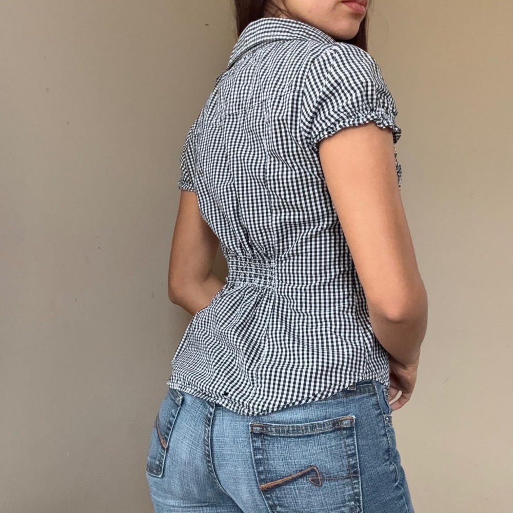 Y2K Gingham Plaid Cinched Back Button Down Shirt Small - Picture 3 of 4